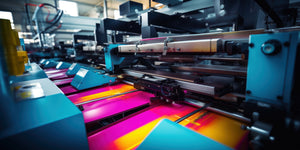 High-speed industrial printing machine producing vibrant, colorful prints in a factory setting.